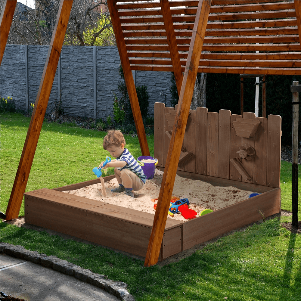 Alden Design 53" 44.5" Wooden Sandbox with Funnel,Dark Brown - Image 5