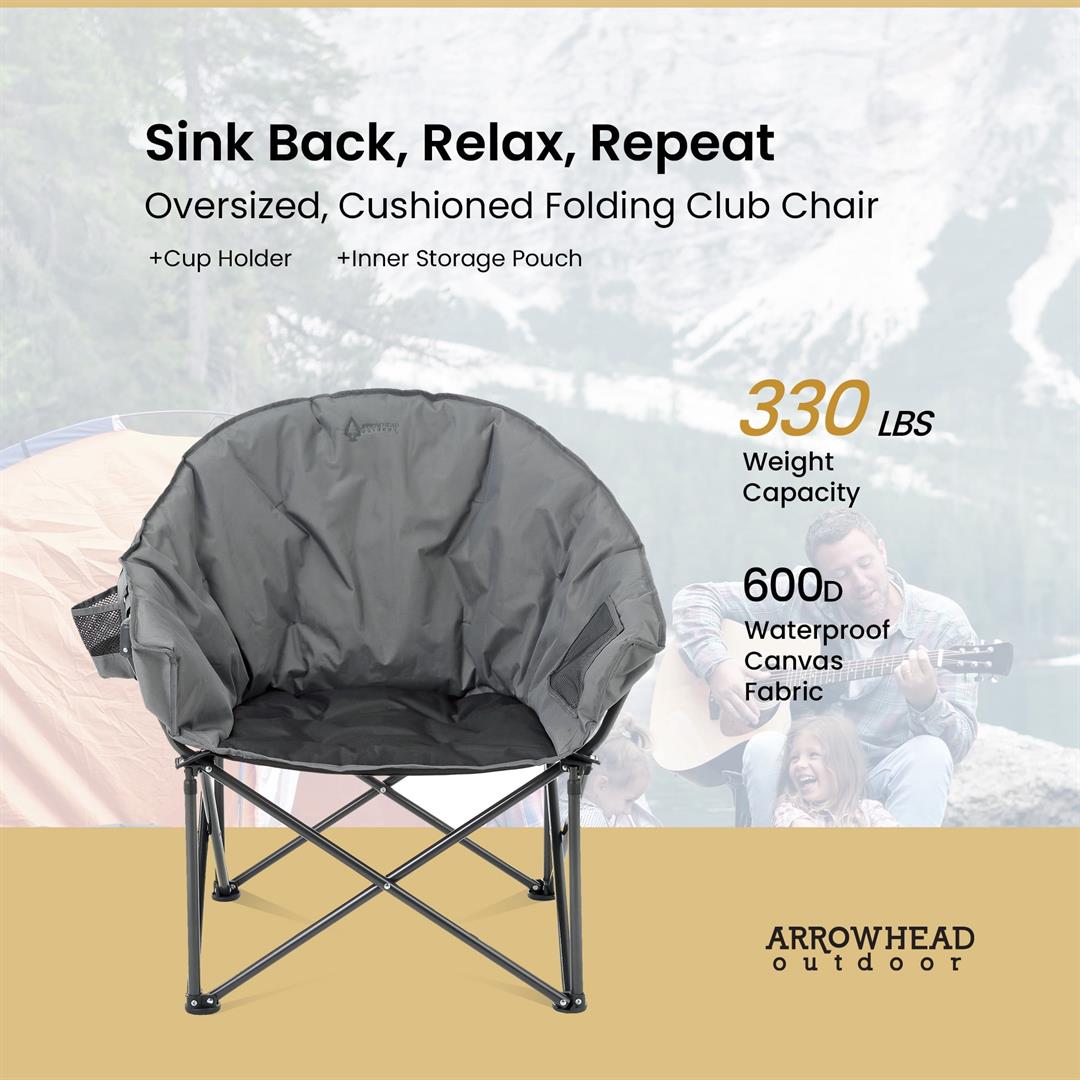 ARROWHEAD OUTDOOR Oversized Heavy-Duty Club Folding Camping Chair w/ External Pocket, Cup Holder, Gray - Image 4