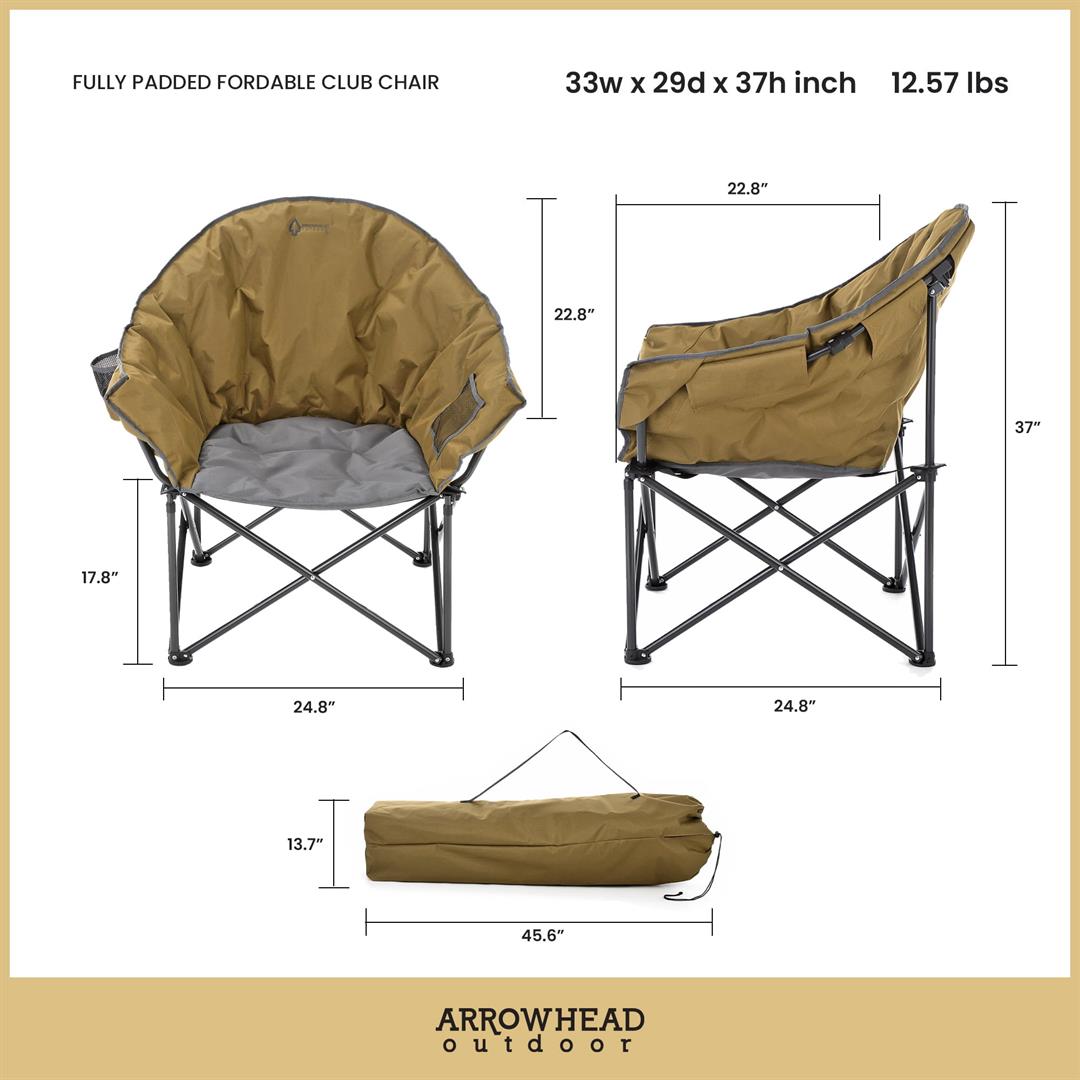 ARROWHEAD OUTDOOR Oversized Heavy-Duty Club Folding Camping Chair w/External Pocket, Cup Holder, Portable, Padded, Moon, Round, Saucer, Supports 330lbs, Carrying Bag, USA-Based Support - Image 2