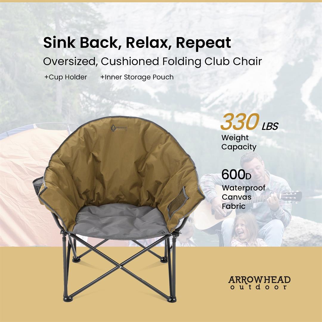 ARROWHEAD OUTDOOR Oversized Heavy-Duty Club Folding Camping Chair w/External Pocket, Cup Holder, Portable, Padded, Moon, Round, Saucer, Supports 330lbs, Carrying Bag, USA-Based Support - Image 3