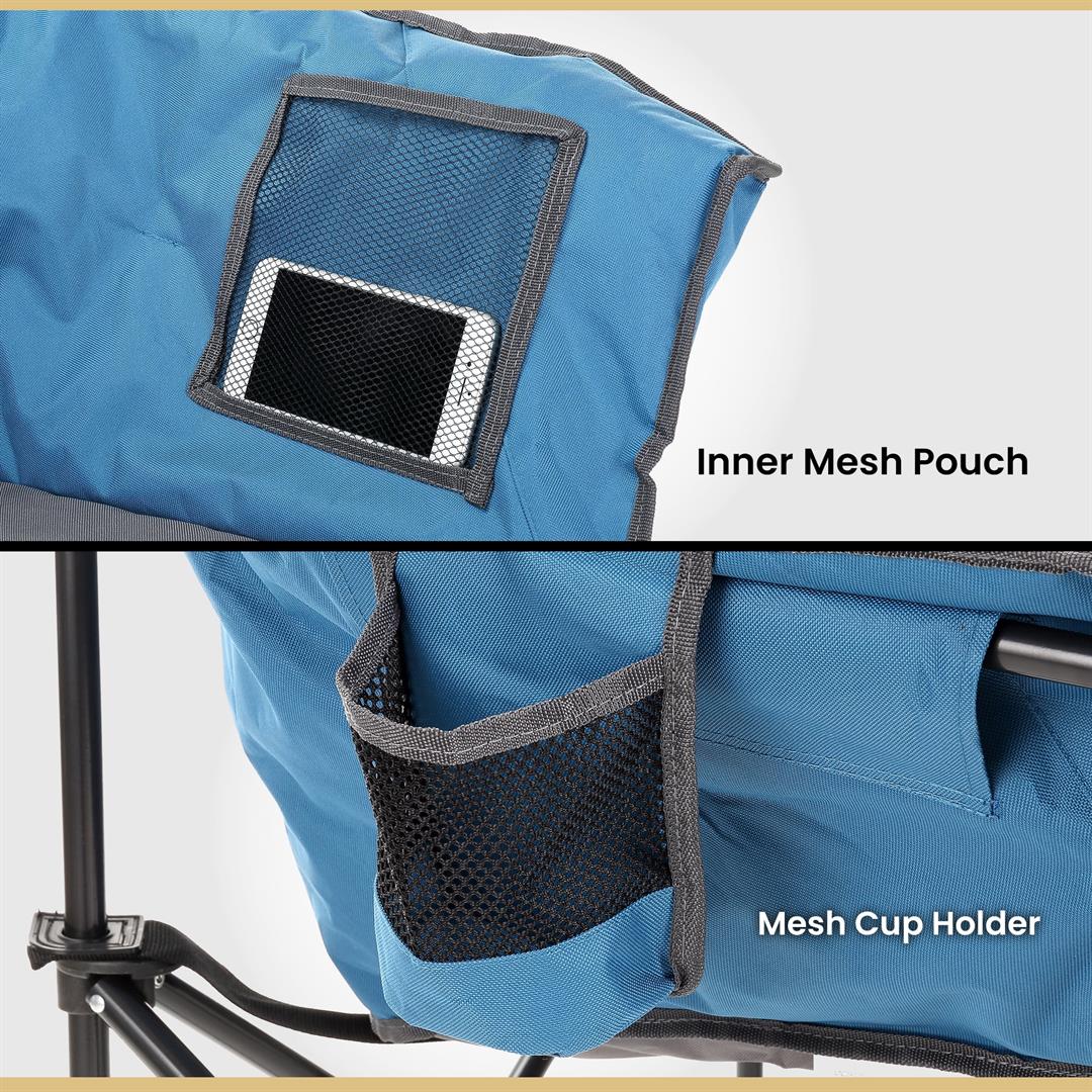 ARROWHEAD OUTDOOR Oversized Heavy-Duty Club Folding Camping Chair w/ External Pocket, Cup Holder, Portable, Padded, Moon, Round, Saucer, Supports 330lbs, Carrying Bag, USA-Based Support (Blue) - Image 3