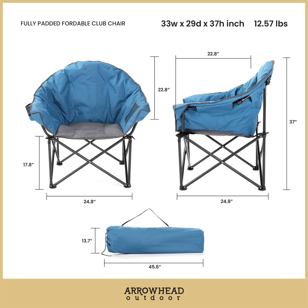ARROWHEAD OUTDOOR Oversized Heavy-Duty Club Folding Camping Chair w/ External Pocket, Cup Holder, Portable, Padded, Moon, Round, Saucer, Supports 330lbs, Carrying Bag, USA-Based Support (Blue) - Image 4