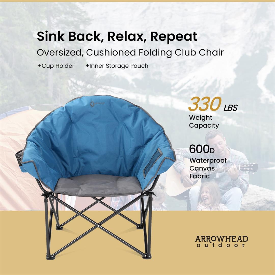 ARROWHEAD OUTDOOR Oversized Heavy-Duty Club Folding Camping Chair w/ External Pocket, Cup Holder, Portable, Padded, Moon, Round, Saucer, Supports 330lbs, Carrying Bag, USA-Based Support (Blue) - Image 6