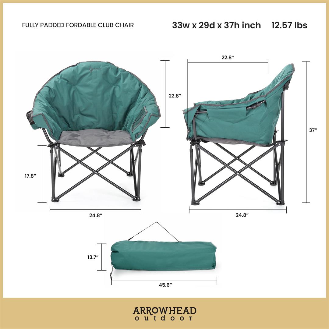 ARROWHEAD OUTDOOR Oversized Heavy-Duty Club Folding Camping Chair w/ External Pocket, Cup Holder, Portable, Padded, Moon, Round, Saucer, Supports 330lbs, Carrying Bag, USA-Based Support (Green) - Image 4