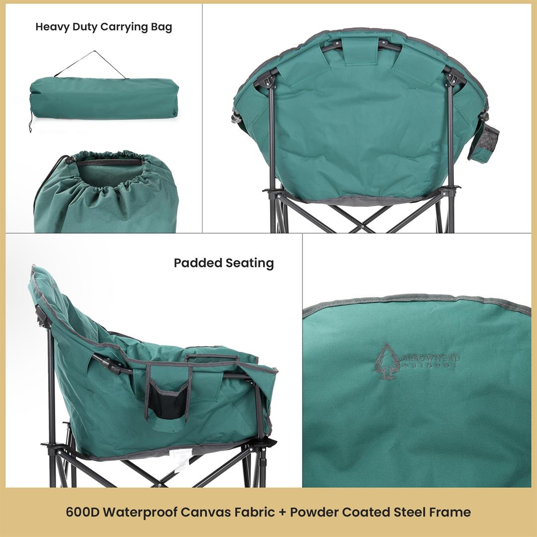 ARROWHEAD OUTDOOR Oversized Heavy-Duty Club Folding Camping Chair w/ External Pocket, Cup Holder, Portable, Padded, Moon, Round, Saucer, Supports 330lbs, Carrying Bag, USA-Based Support (Green) - Image 5