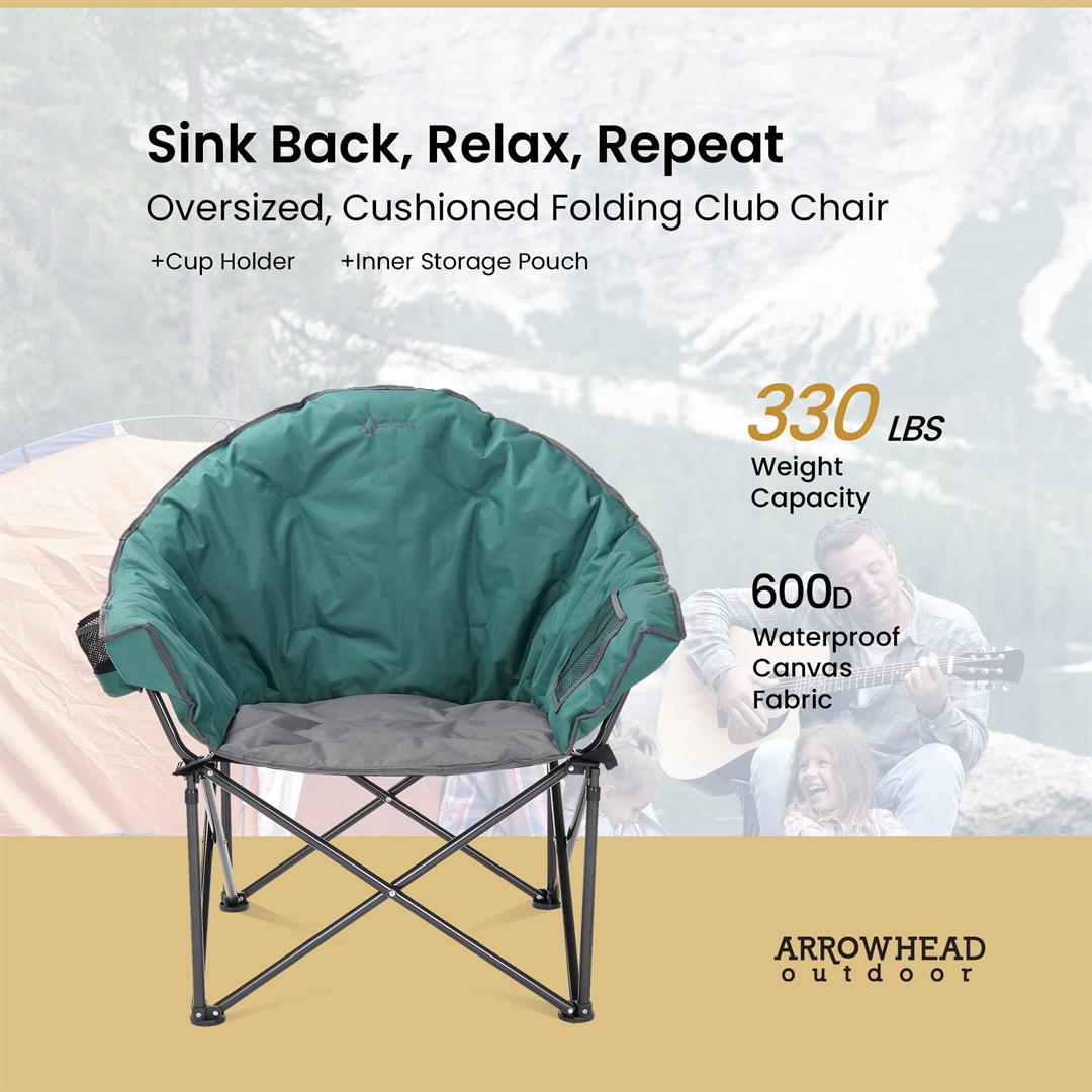ARROWHEAD OUTDOOR Oversized Heavy-Duty Club Folding Camping Chair w/ External Pocket, Cup Holder, Portable, Padded, Moon, Round, Saucer, Supports 330lbs, Carrying Bag, USA-Based Support (Green) - Image 6