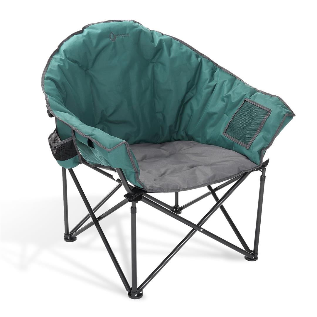 ARROWHEAD OUTDOOR Oversized Heavy-Duty Club Folding Camping Chair w/ External Pocket, Cup Holder, Portable, Padded, Moon, Round, Saucer, Supports 330lbs, Carrying Bag, USA-Based Support (Green)