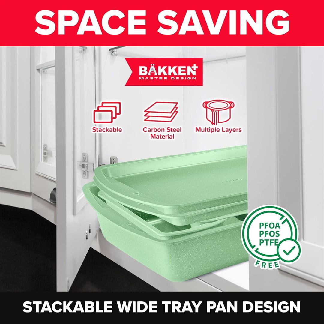 Bakken- Swiss 10-Piece Bakeware Sets, Nonstick Carbon Steel Baking Sheet & Pans, Stackable Space-Saving Bakeware, Stain-resistant, Oven Safe (up to 450F), Green - Image 3