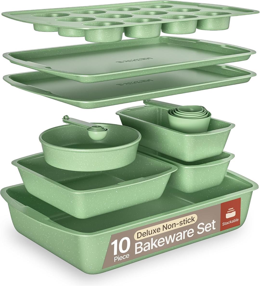 Bakken- Swiss 10-Piece Bakeware Sets, Nonstick Carbon Steel Baking Sheet & Pans, Stackable Space-Saving Bakeware, Stain-resistant, Oven Safe (up to 450F), Green
