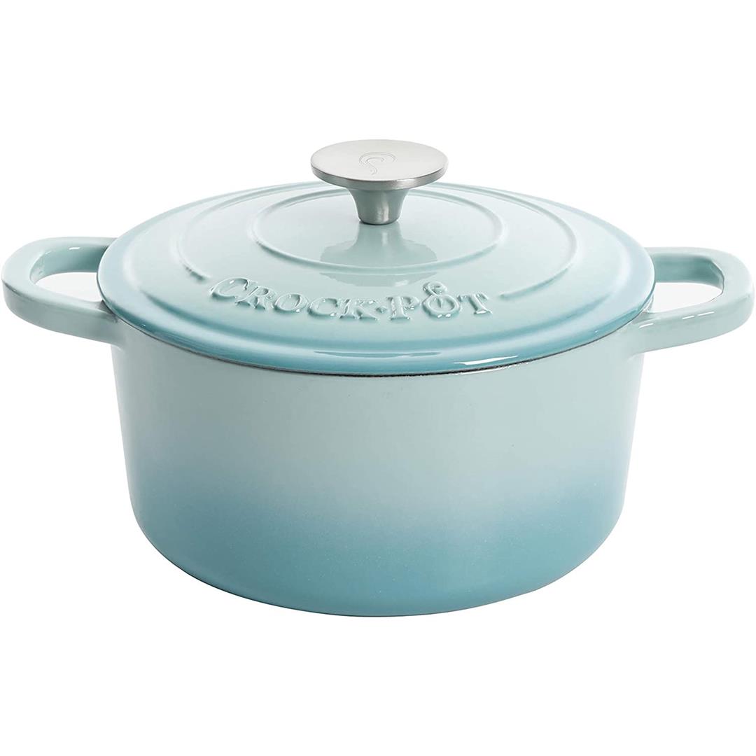 Crock-Pot 5 Quart Round Enamel Cast Iron Covered Dutch Oven Cooker, Aqua Blue