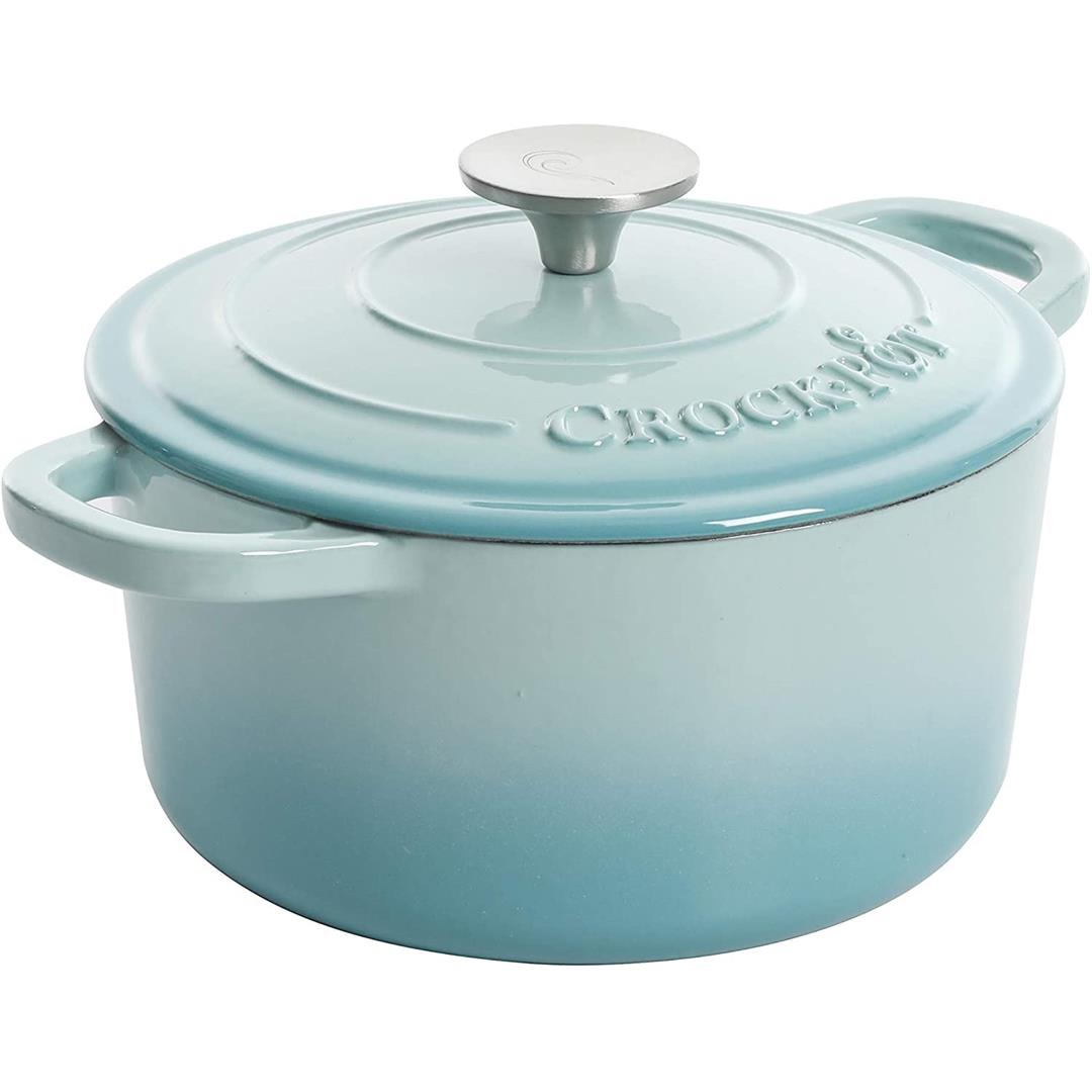 Crock-Pot 7 Quart Round Enamel Cast Iron Covered Dutch Oven Cooker, Aqua Ombre - Image 2