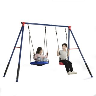 Delta Children FunZone Outdoor Metal 2-Piece Swing Set - Includes 1 Swing and 1 Disc/Saucer Swing, Blue/Red