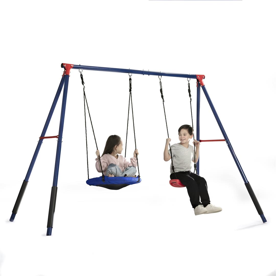 Delta Children FunZone Outdoor Metal 2-Piece Swing Set - Includes 1 Swing and 1 Disc/Saucer Swing, Blue/Red