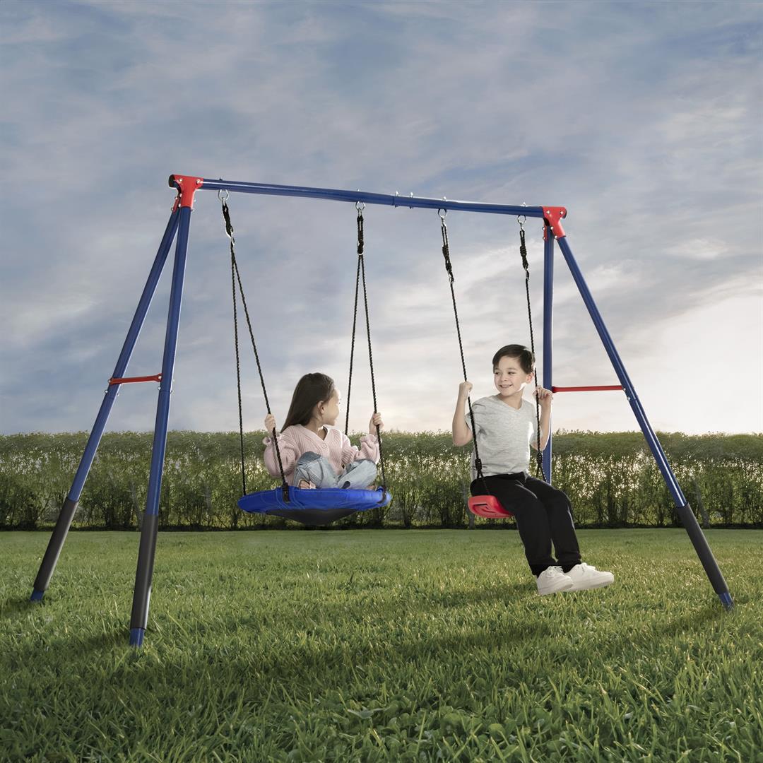 Delta Children FunZone Outdoor Metal 2-Piece Swing Set - Includes 1 Swing and 1 Disc/Saucer Swing, Blue/Red - Image 6