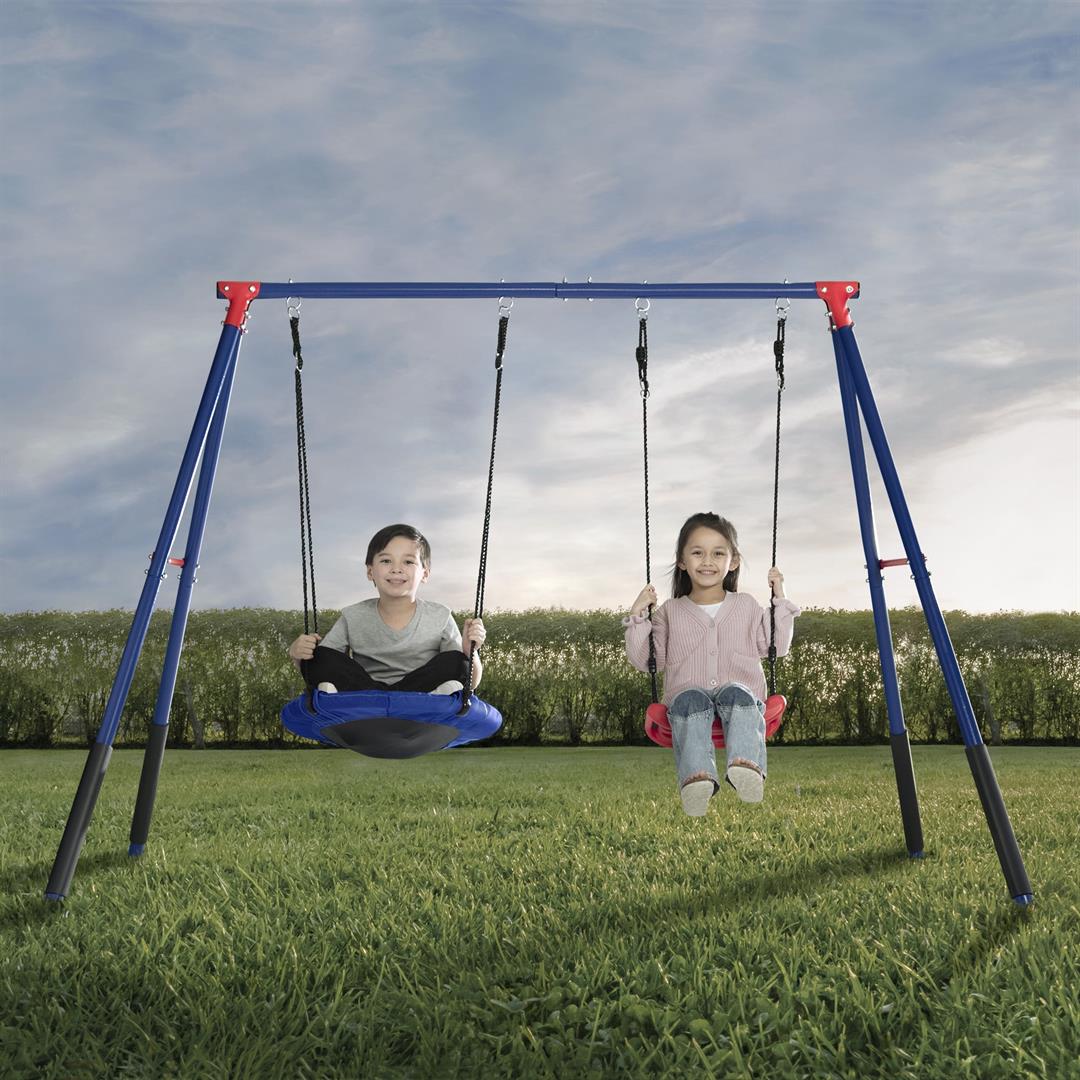 Delta Children FunZone Outdoor Metal 2-Piece Swing Set - Includes 1 Swing and 1 Disc/Saucer Swing, Blue/Red - Image 8