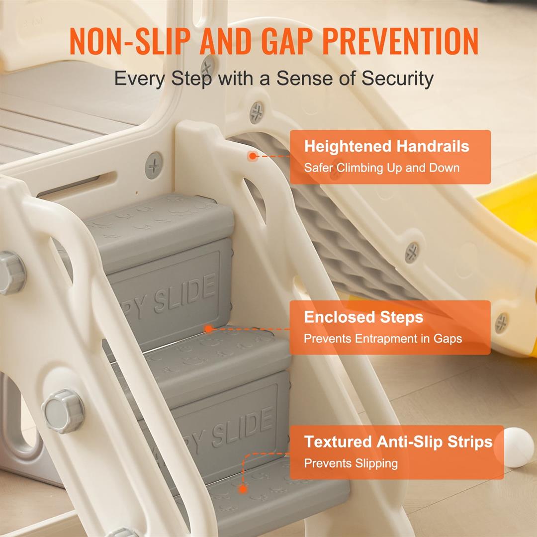 KFFKFF 4 in 1 Toddler Slide and Climber for Indoor and Outdoor, Freestanding Kids Slide with Basketball Hoop & Storage Space, Non-Slip Steps, Playground Slipping Slide Climber Toy Playset - Image 4