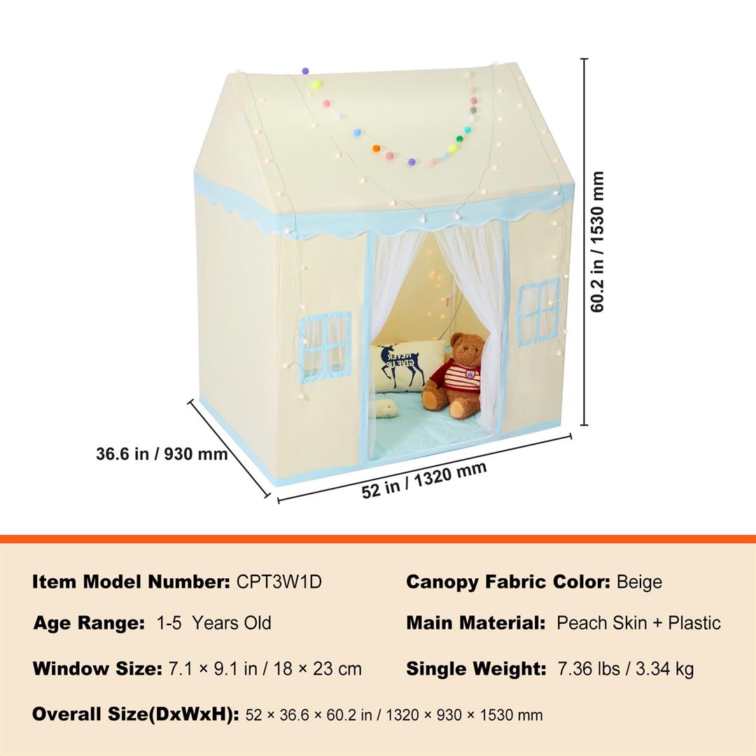 KFFKFF Children's Playhouse, Suitable for Ages 1-5, Includes Mat & Light, Indoor/Outdoor Use, Window-Equipped Castle Design, Beige, Ideal for Both Boys & Girls - Image 4