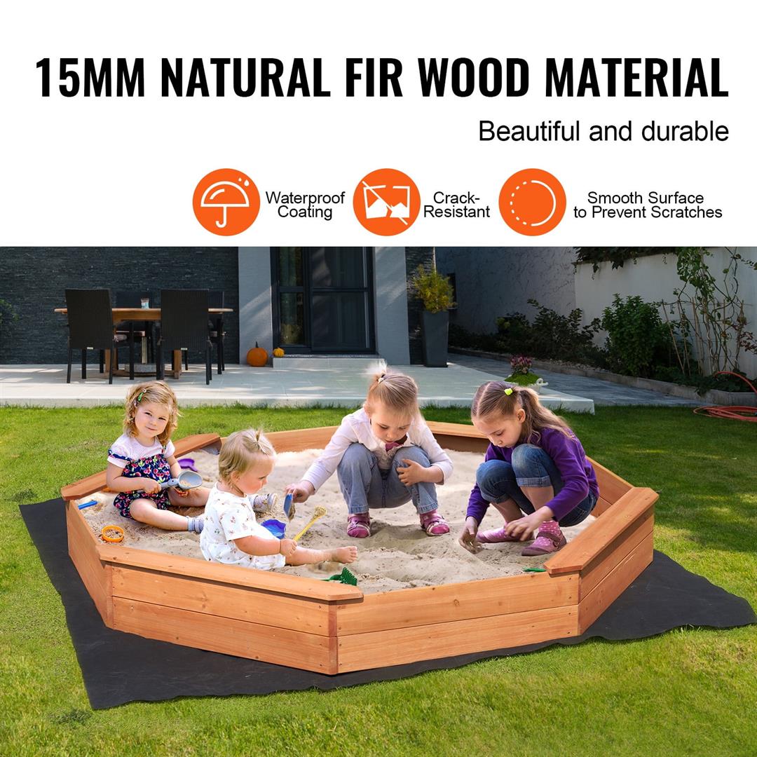 KFFKFF Octagonal Wooden Sandbox, 75.6x75.6x9.1 inches, with Protective Cover, Liner, and Built-in Seats, Ideal for Children Aged 3-12 for Outdoor, Backyard, or Park Play - Image 2