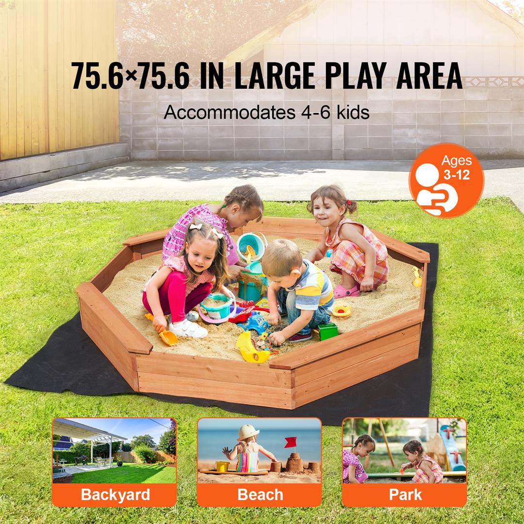 KFFKFF Octagonal Wooden Sandbox, 75.6x75.6x9.1 inches, with Protective Cover, Liner, and Built-in Seats, Ideal for Children Aged 3-12 for Outdoor, Backyard, or Park Play - Image 3