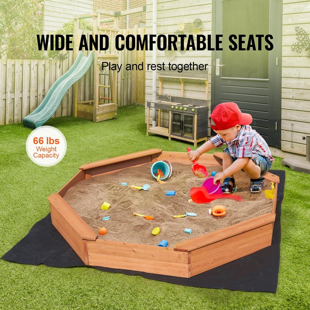 KFFKFF Octagonal Wooden Sandbox, 75.6x75.6x9.1 inches, with Protective Cover, Liner, and Built-in Seats, Ideal for Children Aged 3-12 for Outdoor, Backyard, or Park Play - Image 4