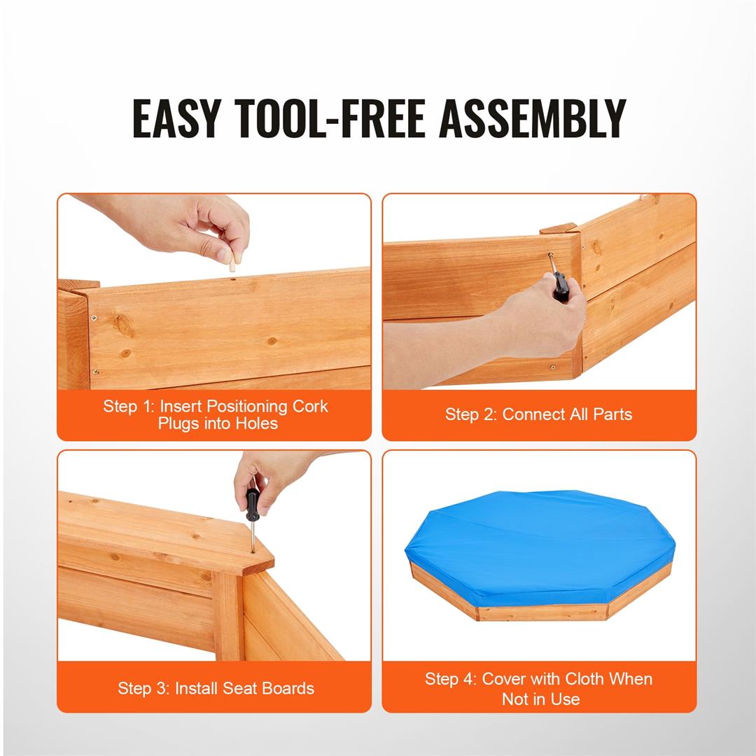 KFFKFF Octagonal Wooden Sandbox, 75.6x75.6x9.1 inches, with Protective Cover, Liner, and Built-in Seats, Ideal for Children Aged 3-12 for Outdoor, Backyard, or Park Play - Image 5