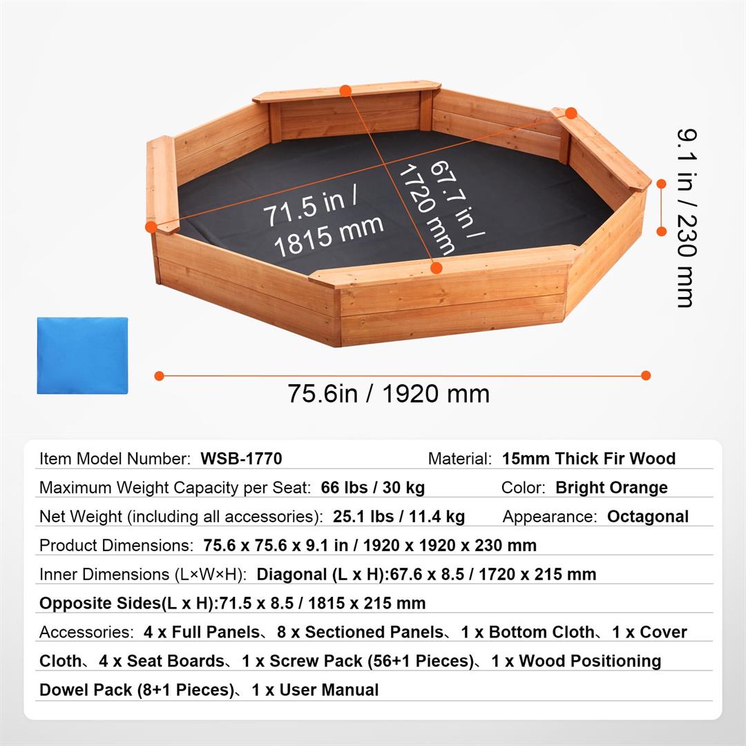 KFFKFF Octagonal Wooden Sandbox, 75.6x75.6x9.1 inches, with Protective Cover, Liner, and Built-in Seats, Ideal for Children Aged 3-12 for Outdoor, Backyard, or Park Play - Image 6