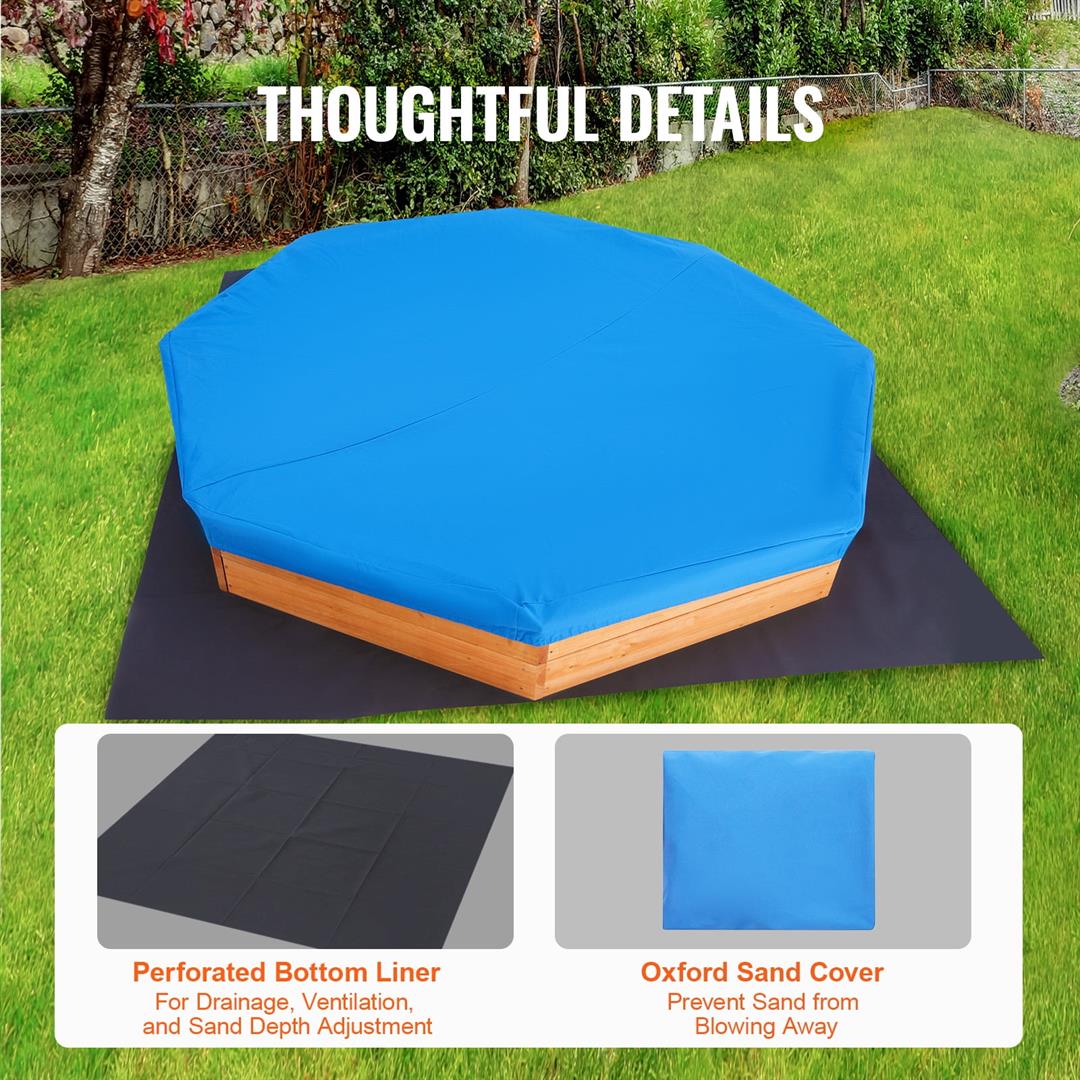 KFFKFF Octagonal Wooden Sandbox, 75.6x75.6x9.1 inches, with Protective Cover, Liner, and Built-in Seats, Ideal for Children Aged 3-12 for Outdoor, Backyard, or Park Play - Image 7