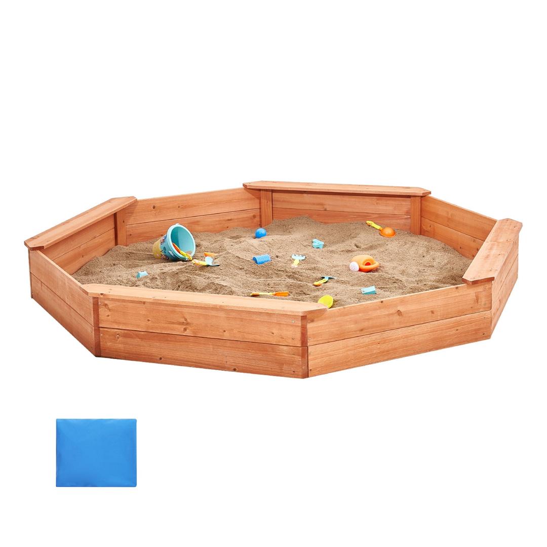 KFFKFF Octagonal Wooden Sandbox, 75.6x75.6x9.1 inches, with Protective Cover, Liner, and Built-in Seats, Ideal for Children Aged 3-12 for Outdoor, Backyard, or Park Play