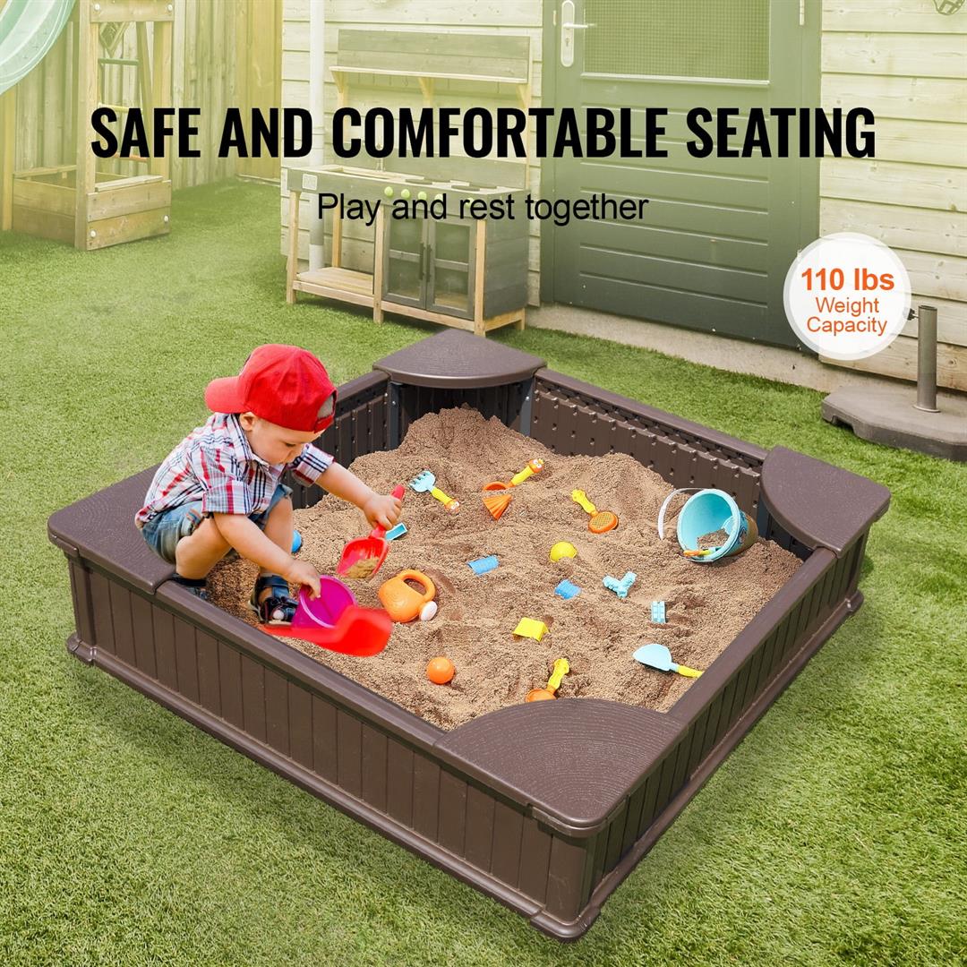 KFFKFF Sandbox with Lid, 48.6x48.6x12.4 inch Square Play Area, Durable HDPE Sandpit with Seating at Corners and Protective Bottom, Outdoor Sandbox for Children, Ideal for Garden, Beach, Park - Image 4