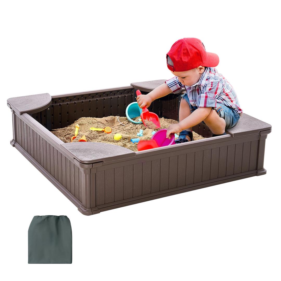 KFFKFF Sandbox with Lid, 48.6x48.6x12.4 inch Square Play Area, Durable HDPE Sandpit with Seating at Corners and Protective Bottom, Outdoor Sandbox for Children, Ideal for Garden, Beach, Park - Image 5