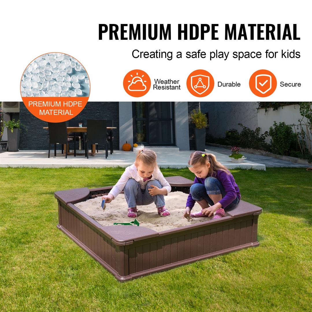 KFFKFF Sandbox with Lid, 48.6x48.6x12.4 inch Square Play Area, Durable HDPE Sandpit with Seating at Corners and Protective Bottom, Outdoor Sandbox for Children, Ideal for Garden, Beach, Park - Image 6