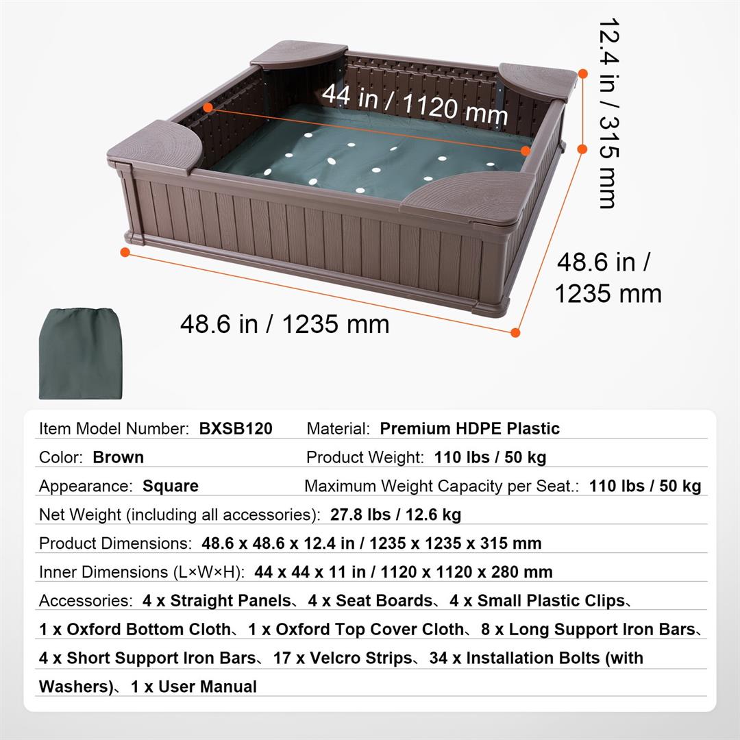 KFFKFF Sandbox with Lid, 48.6x48.6x12.4 inch Square Play Area, Durable HDPE Sandpit with Seating at Corners and Protective Bottom, Outdoor Sandbox for Children, Ideal for Garden, Beach, Park - Image 7