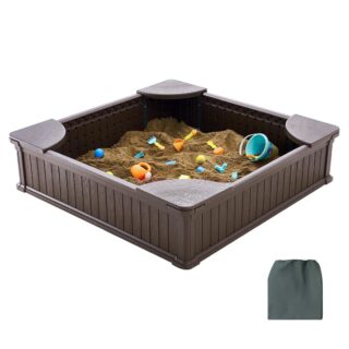 KFFKFF Sandbox with Lid, 48.6x48.6x12.4 inch Square Play Area, Durable HDPE Sandpit with Seating at Corners and Protective Bottom, Outdoor Sandbox for Children, Ideal for Garden, Beach, Park
