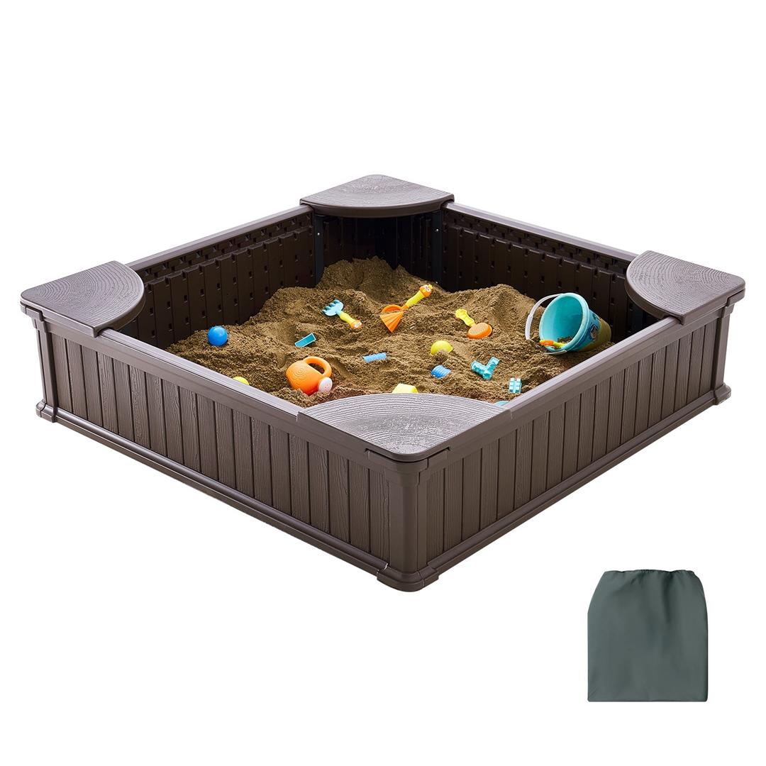 KFFKFF Sandbox with Lid, 48.6x48.6x12.4 inch Square Play Area, Durable HDPE Sandpit with Seating at Corners and Protective Bottom, Outdoor Sandbox for Children, Ideal for Garden, Beach, Park