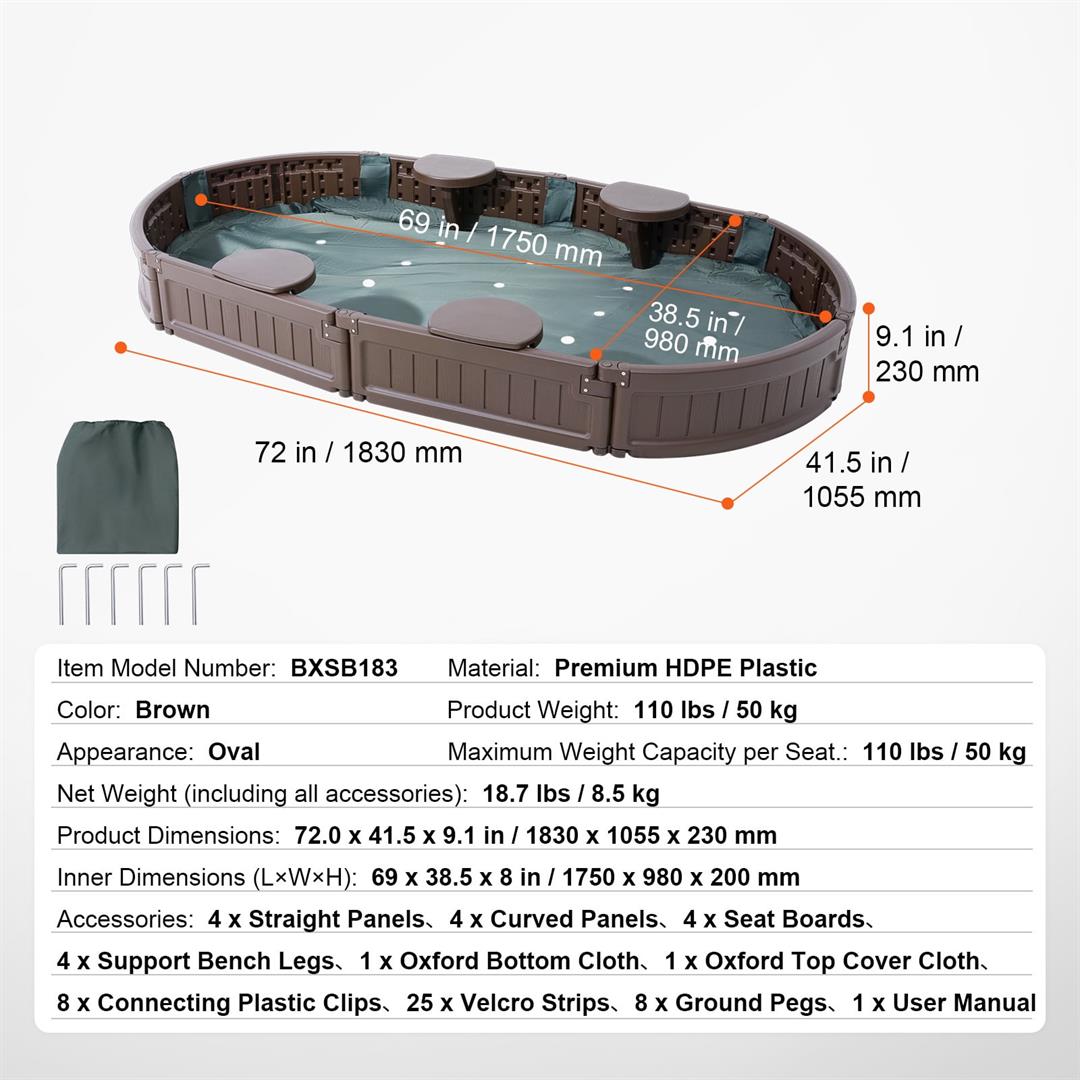 KFFKFF Sandbox with Lid, 72x41.5x9.1 in Oval Sand Pit, Durable HDPE Material, Includes 4 Seats & Bottom Liner, Perfect for Outdoor, Beach, Park, Ideal Gift for Children 3-12 Years, Brown - Image 2