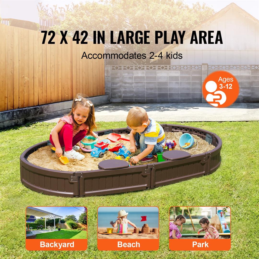 KFFKFF Sandbox with Lid, 72x41.5x9.1 in Oval Sand Pit, Durable HDPE Material, Includes 4 Seats & Bottom Liner, Perfect for Outdoor, Beach, Park, Ideal Gift for Children 3-12 Years, Brown - Image 3