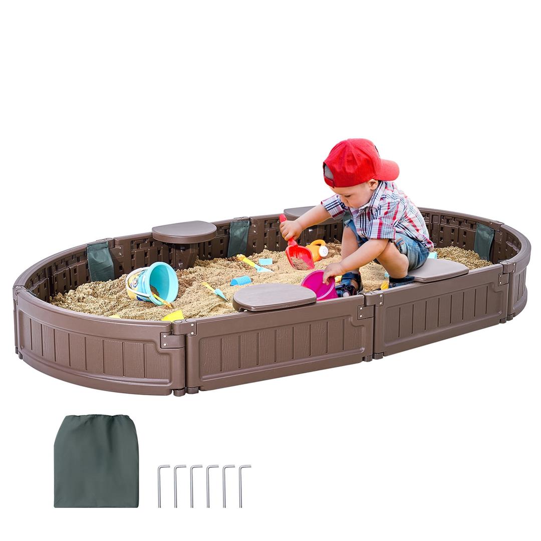 KFFKFF Sandbox with Lid, 72x41.5x9.1 in Oval Sand Pit, Durable HDPE Material, Includes 4 Seats & Bottom Liner, Perfect for Outdoor, Beach, Park, Ideal Gift for Children 3-12 Years, Brown - Image 4