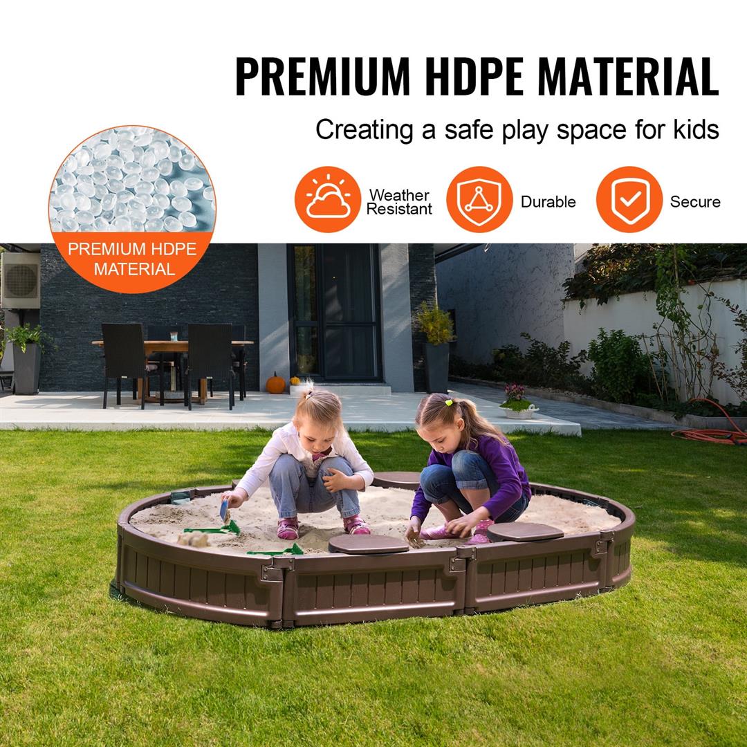 KFFKFF Sandbox with Lid, 72x41.5x9.1 in Oval Sand Pit, Durable HDPE Material, Includes 4 Seats & Bottom Liner, Perfect for Outdoor, Beach, Park, Ideal Gift for Children 3-12 Years, Brown - Image 5