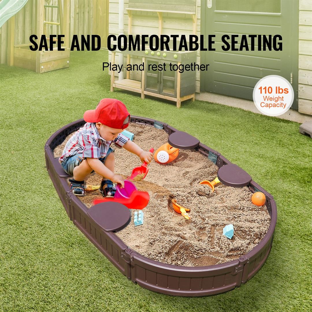 KFFKFF Sandbox with Lid, 72x41.5x9.1 in Oval Sand Pit, Durable HDPE Material, Includes 4 Seats & Bottom Liner, Perfect for Outdoor, Beach, Park, Ideal Gift for Children 3-12 Years, Brown - Image 6