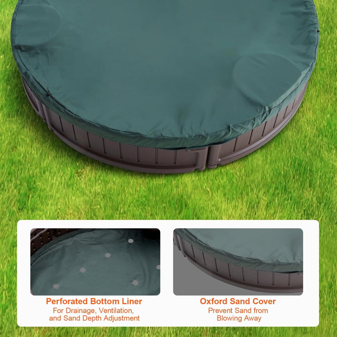 KFFKFF Sandbox with Lid, 72x41.5x9.1 in Oval Sand Pit, Durable HDPE Material, Includes 4 Seats & Bottom Liner, Perfect for Outdoor, Beach, Park, Ideal Gift for Children 3-12 Years, Brown - Image 7