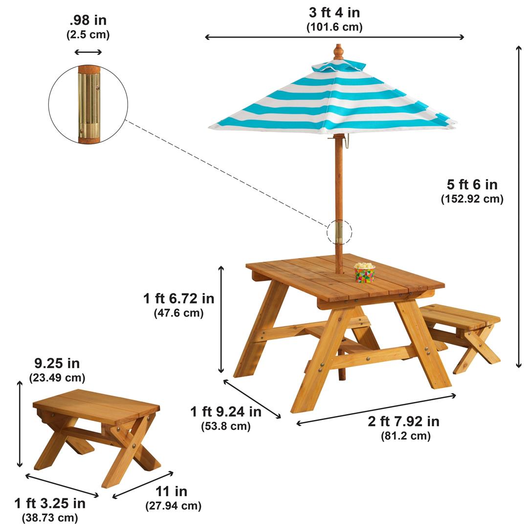 KidKraft Outdoor Patio Wooden Table and Bench Set with Striped Umbrella, Turquoise and White - Image 2