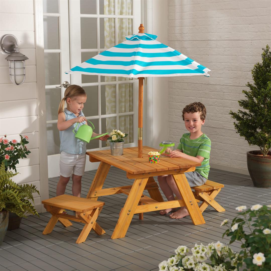 KidKraft Outdoor Patio Wooden Table and Bench Set with Striped Umbrella, Turquoise and White