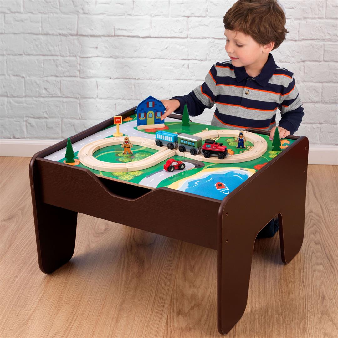 KidKraft Reversible Wooden Activity Table with Board and Train Set, Espresso, For Ages 3+ - Image 4