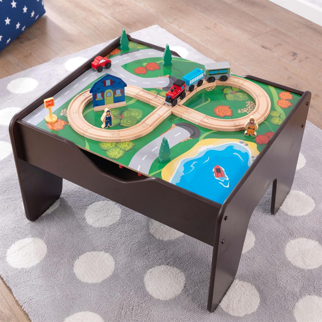 KidKraft Reversible Wooden Activity Table with Board and Train Set, Espresso, For Ages 3+ - Image 7