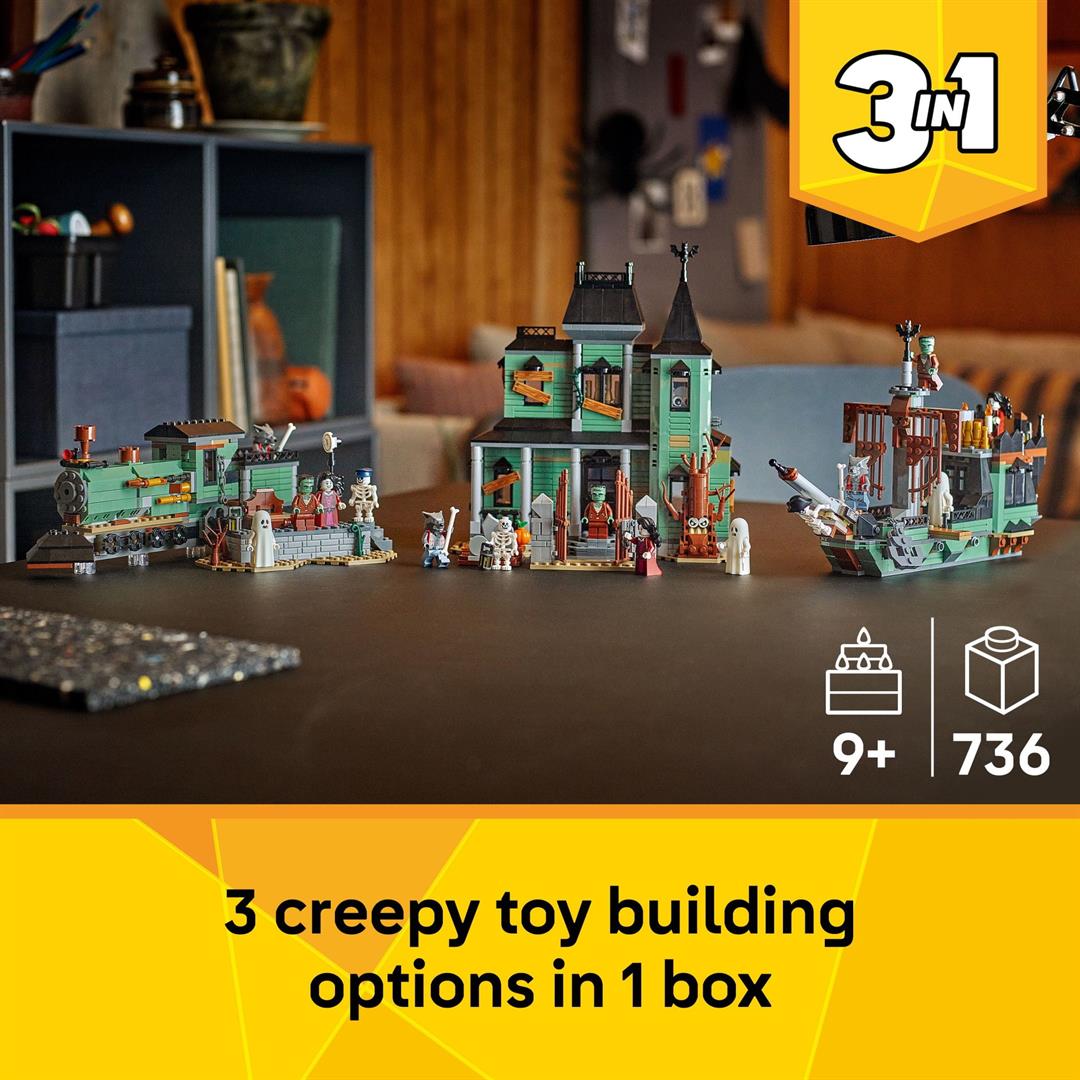 LEGO Creator 3 in 1 Haunted Mansion Building Toy for Kids - Halloween Building Blocks & Learning Toy for Girls & Boys, Ages 9+ - Build a Haunted House, Train, or Ship - Gift for Birthdays - 31167 - Image 4