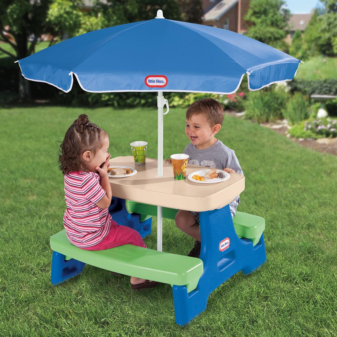 Little Tikes Outdoor Portable Kids Picnic Table with Umbrella, Blue Green, Ages 2+ - Image 3