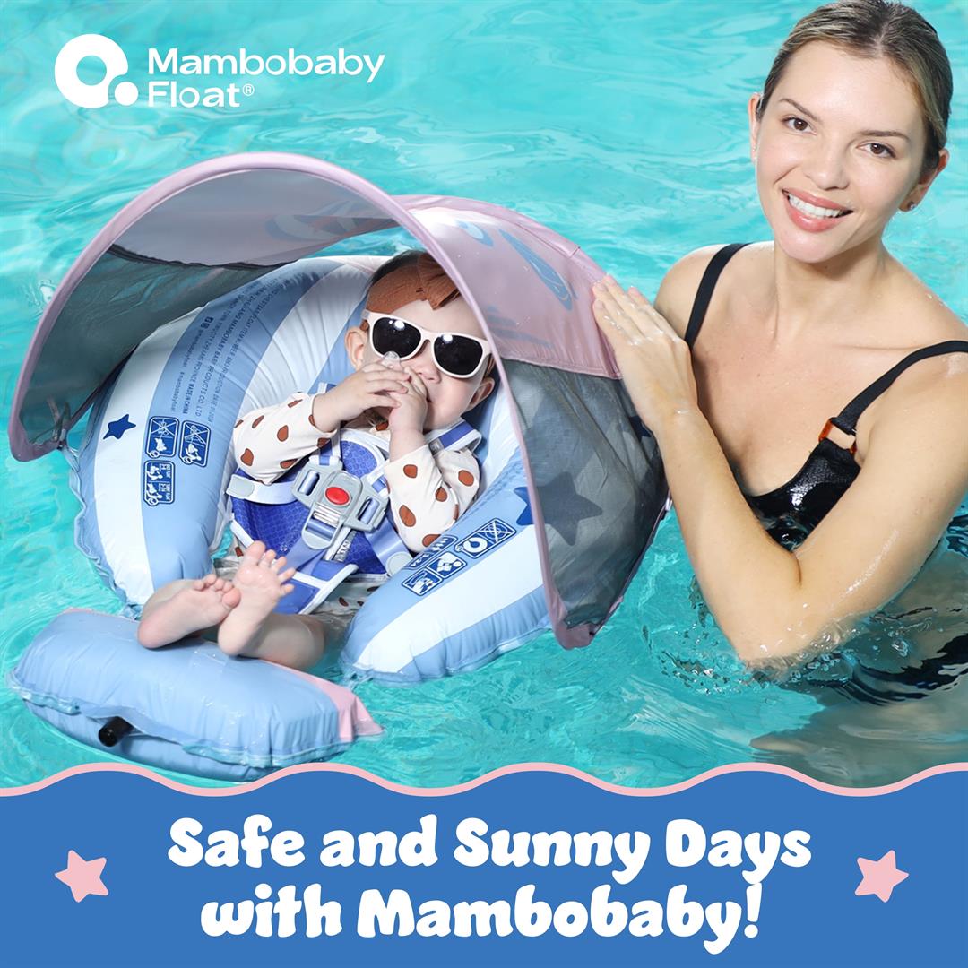 Mambobaby Self Inflating Baby Pool Float with Canopy- Blue - Image 2