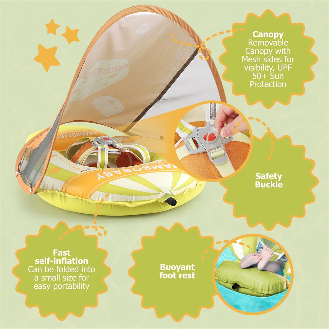 Mambobaby Self Inflating Baby Pool Float with Canopy- Green - Image 6
