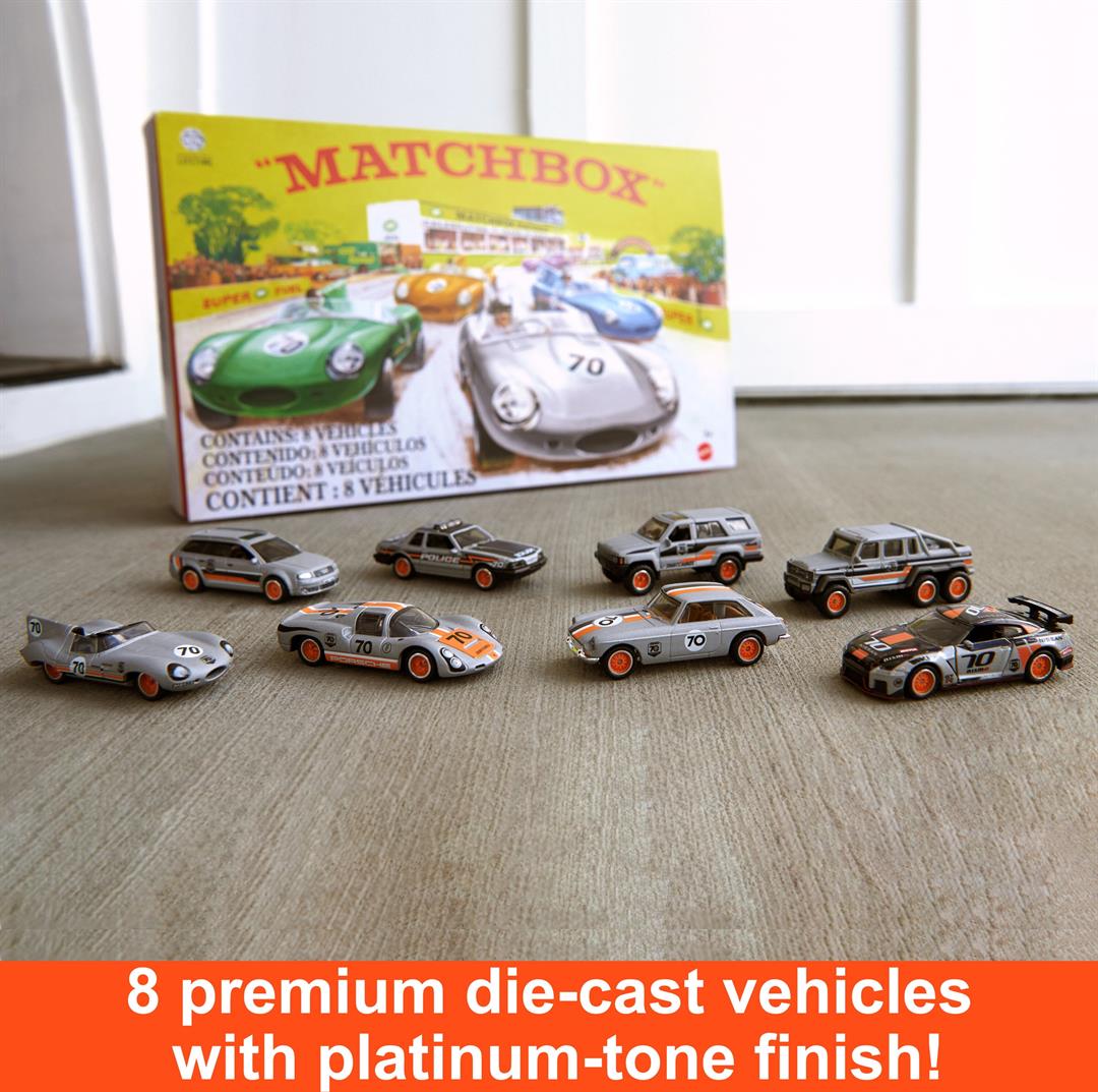 Matchbox Cars, Set of 8 Die-Cast Cars in 1:64 Scale with Matchbox 70th Anniversary Finish - Image 2