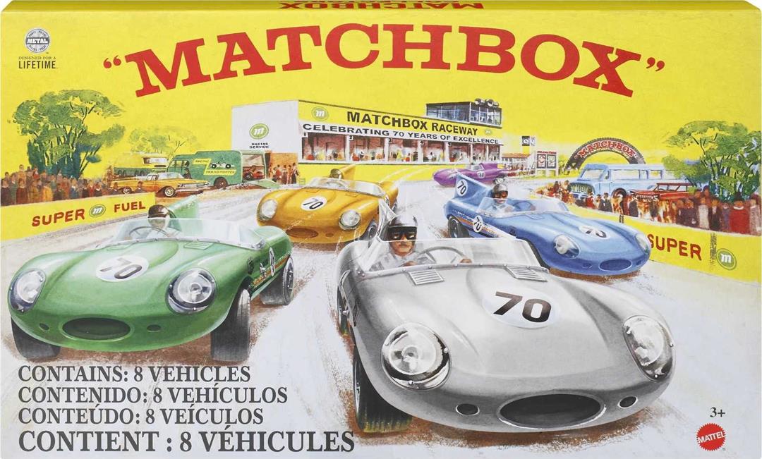 Matchbox Cars, Set of 8 Die-Cast Cars in 1:64 Scale with Matchbox 70th Anniversary Finish